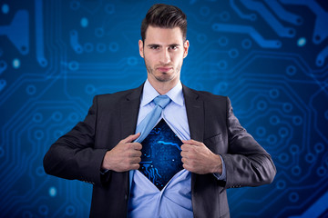 super hero with electrical circuit under the shirt