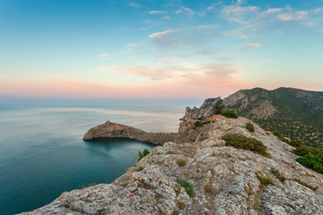 Sunrise in mountains. Crimea, Black sea