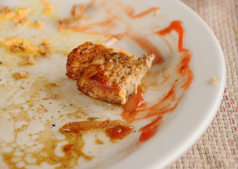half-eaten piece of meat on the dirty plate