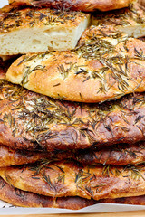 Focaccia bread with rosemary at the market