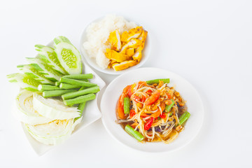 Papaya salad (som tum Thai) with sticky rice and grilled chicken