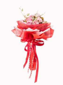 Bouquet From Pink Roses With Red Ribbon