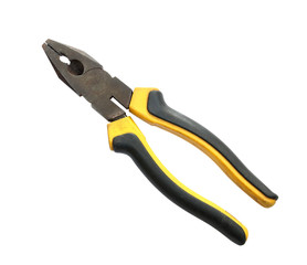 Old and dirty pliers yellow on white background.