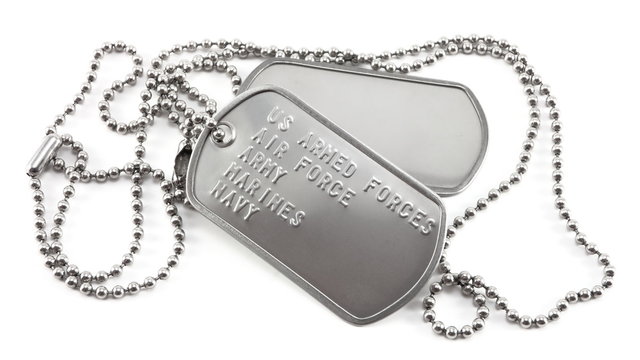 Military dog tags on white background