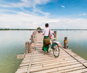 Myanmar walks on U-Bein Bridge, Myanmar