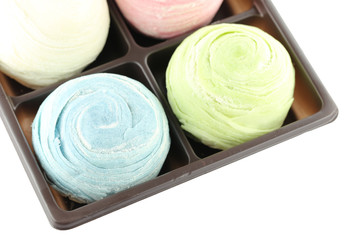 Thailand of Colorful Mochi Sweets in black box of isolated.