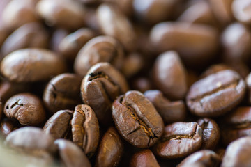 Coffee bean background with short Depth Of Field for focus
