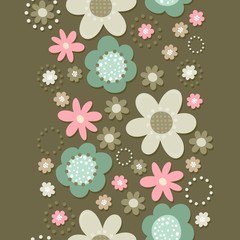 róż turkus brąz kwiaty i kropki pionowy border na ciemnym tle © demonique