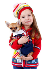 Child with a small dog on white background, isolated.