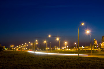 Road near the factory at night.