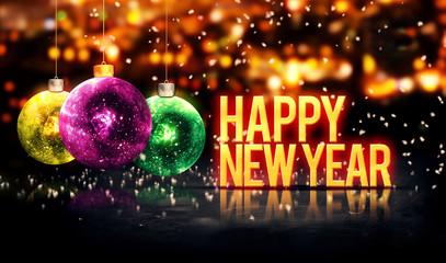 Happy New Year Hanging Baubles Yellow Bokeh Beautiful 3D © natanaelginting