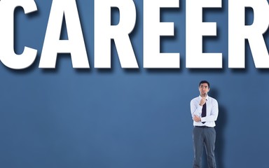 Composite image of thinking businessman holding glasses