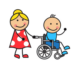 Cartoon man in a wheelchair and a woman wheelchair wheels