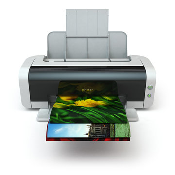 Color printer prints photo on white isolated background.
