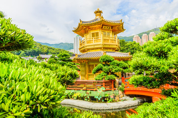 Gold Chinese pavilion at the park of Hong Kong