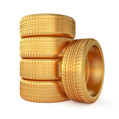 3d render of golden tyre isolated on white background