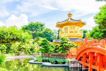 Gold Chinese pavilion at the park of Hong Kong