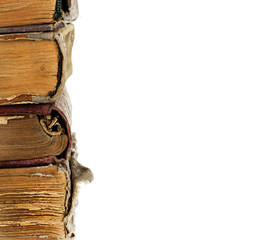 Stack of old books isolated on a white background. Sample text
