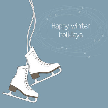 Winter holidays card with ice skates and blade trails