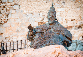 Monument to Papa Luna, in Peniscola Castle, in Valencia, Spain