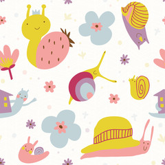 Cute seamless pattern with snails and flowers