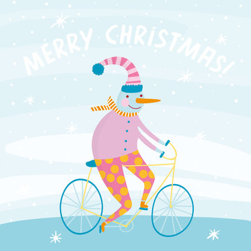 Cute snowman on bicycle in cartoon style.