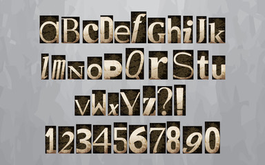 Letterpress printing blocks alphabet, vector