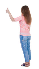 Back view of  woman thumbs up.