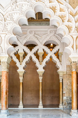 Arabic arches at Aljaferia Palace in Zaragoza, Spain