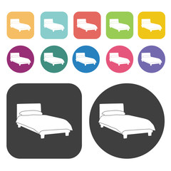 Single bed icons. Bed mattress set. Round and rectangle colourfu