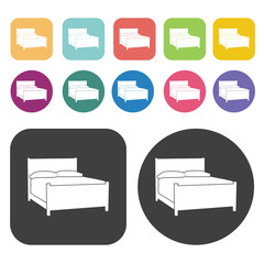 Double bed icons. Bed mattress set. Round and rectangle colourfu