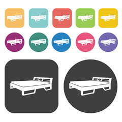 Modern double bed icons. Bed mattress set. Round and rectangle c