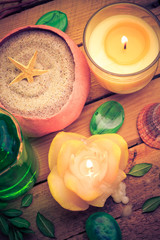 Spa concept sea sand shell scented candles