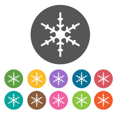 Snowflakes icons. Camping hiking set. Round colourful 12 buttons