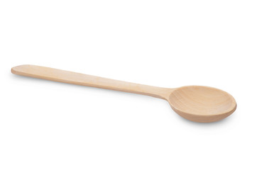Close-up top view of wooden spoon isolated over white.