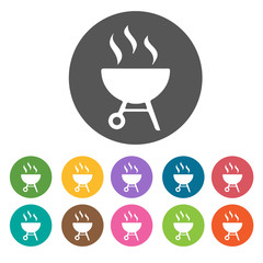 Barbecue grill icons. Camping hiking set. Round colourful 12 but