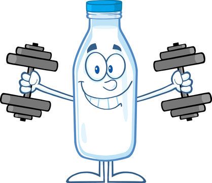 Smiling Milk Bottle Cartoon Character Training With Dumbbells