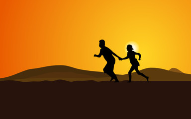 Fototapeta na wymiar Silhouette of couple running