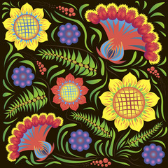 Fototapeta na wymiar ethnic floral pattern on black background