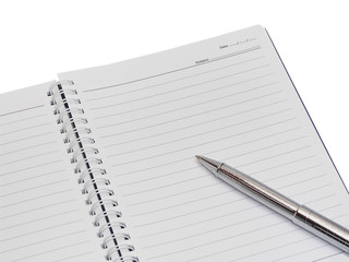 Notebook with silver pen isolation on white background