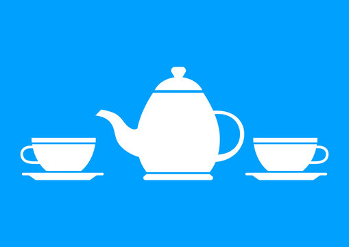 White teapot and teacup on blue background