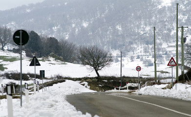 a snowy landscape mountains, road signs, trees, cleaned road