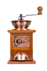 Photo of an antique coffee grinder isolated on a white