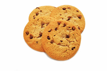 Four Chocolate Chip Cookies Over White