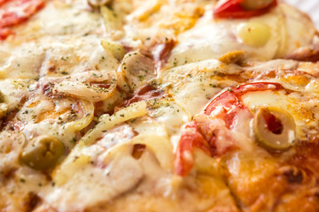 Home Made Pizza With Mushrooms, Tomatoes And Mozzarella Close Up