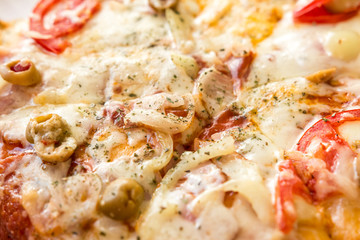 Home Made Pizza With Mushrooms, Tomatoes And Mozzarella Close Up