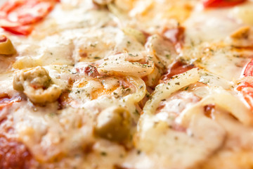 Home Made Pizza With Mushrooms, Tomatoes And Mozzarella Close Up
