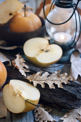 Asian pears, lantern and fall leaves