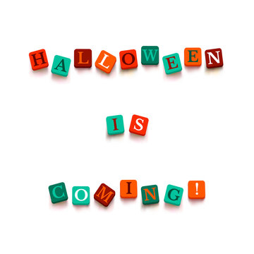 Word "halloween is coming" with colorful blocks isolated