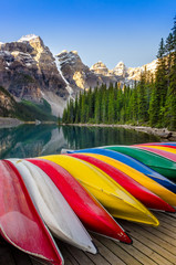 Landscape view of Moraine lake with colorful boats, Rocky Mounta - 70225778